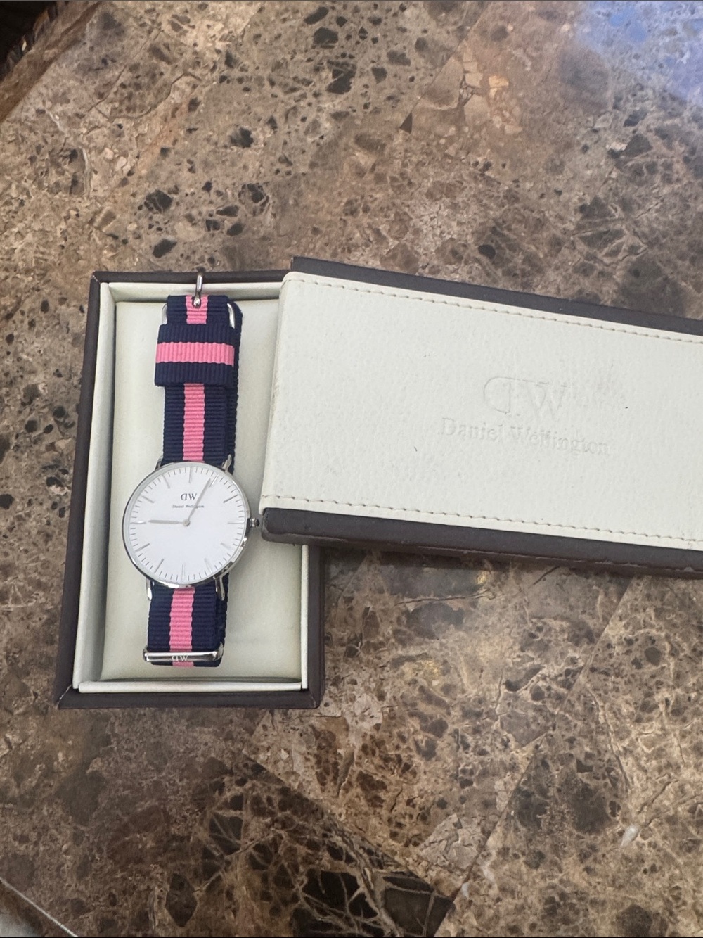 Daniel Wellington Navy and Pink Stripe Nylon Strap Watch